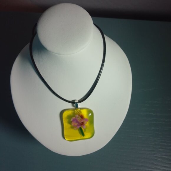 One-of-a-Kind Yellow & Pink Nature Inspired Fused Glass Pendant Necklace - Picture 3 of 9